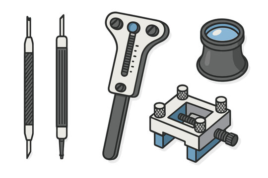 Essential tools for watch repair including spring bar removers case opener and loupe - Powered by Adobe