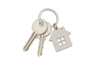 Silver house keys with metal keychain charm isolated on white background