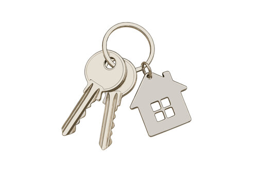 Silver house keys with metal keychain charm isolated on white background