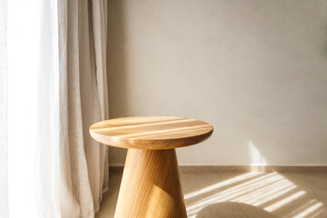 minimalist wooden table in soft natural light with calm interior design in warm tones. empty tabletop for product presentation. modern