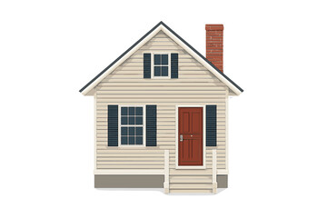 Small detached cottage house facade with brick chimney and siding