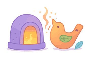 Stylized purple oven with glowing fire next to a cute orange bird whistle or cookie
