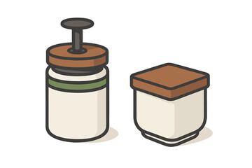 Minimalist isometric pump dispenser bottle and square storage jar with a wood top