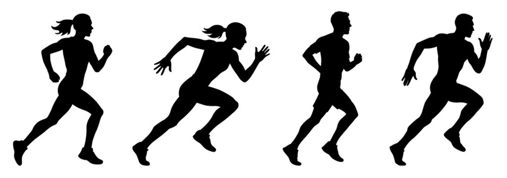 Running man and woman silhouettes set. Male and female runners figure shapes. Bare and naked slim healthy people work out