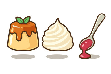 Caramel custard pudding with whipped cream and berry sauce icons