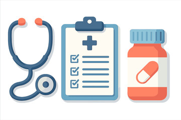 Stethoscope medical chart and prescription pill bottle icons set