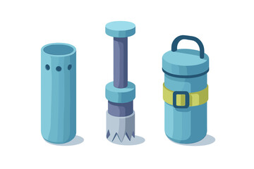 Isometric collection of blue tools and equipment featuring a hole saw and a portable insulated container