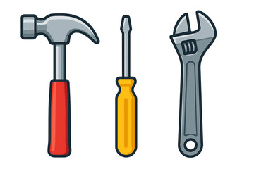 Set of three essential hand tools: hammer, screwdriver, and adjustable wrench