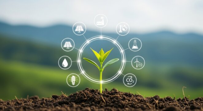New plant grows in soil surrounded by renewable energy and environmental icons in a lush landscape