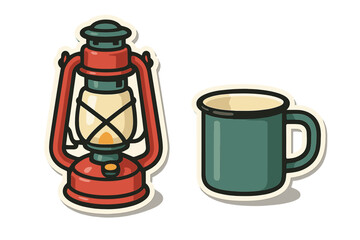 Camping lantern and enamel mug sticker set icons