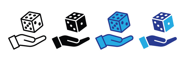 Illustration of a hand holding a dice icon in various styles: outline, solid black, blue, and navy, representing chance and gaming elements.