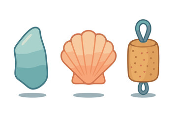 Sea glass scallop shell and cork fishing float icons © Mark