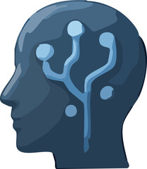 A dark blue side-profile head icon featuring branching circuit lines inside the brain area, symbolizing artificial intelligence, neural networks, and digital thinking.