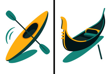Kayak and gondola boat icons for water transport and travel