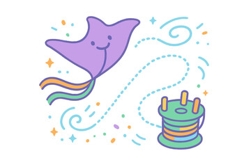 Smiling manta ray kite soaring high with colorful string spool