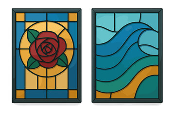 Two decorative panels with rose and wave motifs in stained glass style