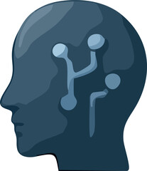 A dark blue side-profile head icon featuring a branching neural-circuit pattern inside, symbolizing artificial intelligence and digital connectivity.