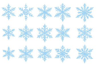 Collection of various light blue detailed snowflake icons on white background