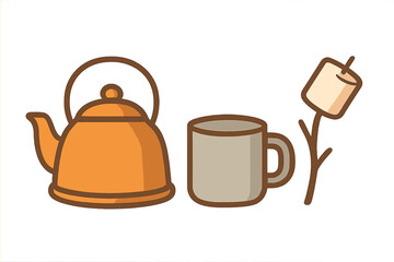 Camping hot beverage preparation with kettle mug and toasted marshmallow