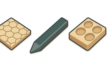 Isometric set of crafting tools and materials with honeycomb texture and paint palette