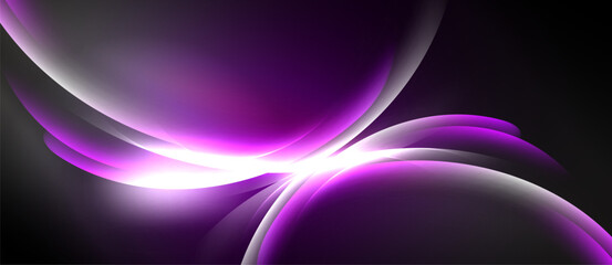 Abstract purple light shapes flow, creating dynamic energy. Dark background emphasizes bright curves, offering modern aesthetic.