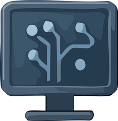 A dark blue computer monitor icon displaying a simplified neural-circuit tree, symbolizing artificial intelligence and digital connectivity.