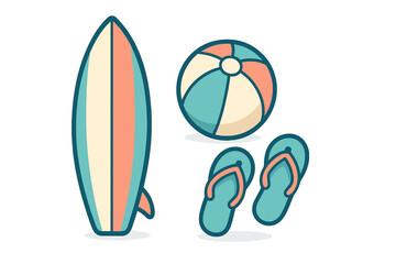 Summer vacation icons: surfboard, beach ball, and flip flops