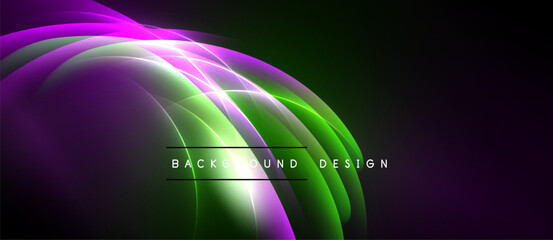 Abstract flowing shapes, vibrant purple, green hues. Dynamic light effects create modern background design. Dark space emphasizes luminosity.