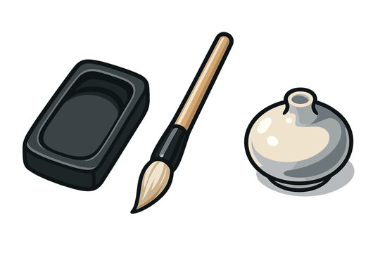Essential tools for traditional East Asian calligraphy including brush and inkstone
