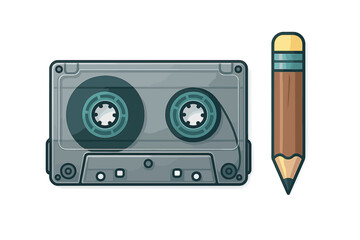 Analog audio cassette tape and wooden pencil side by side