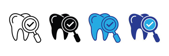 Icon set representing dental examination with magnifying glass and checkmark, symbolizing oral health, diagnostics, and care for teeth