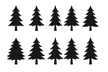 Fototapeta premium Ten stylized black pine tree silhouettes arranged in two horizontal rows