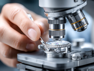 Close-up of hand using microscope to inspect luxury watch mechanism. Precision horology and jewelry craftsmanship in professional workshop