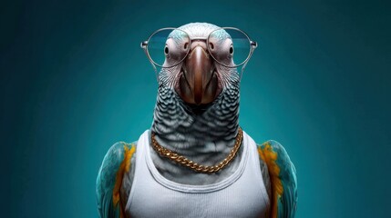 Colorful parrot wearing glasses and a gold chain poses confidently against a turquoise background