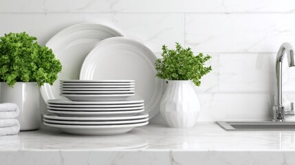 Clean and Minimalist Kitchen Scene With Brightly Arranged Dishes and Fresh Green Plants by the Sink Area During Daylight Hours