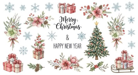 Watercolor christmas and new year illustration with gift boxes, tree, and flowers