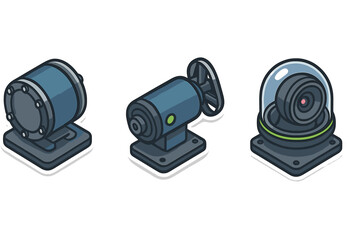 Isometric industrial machinery and security camera sticker icons