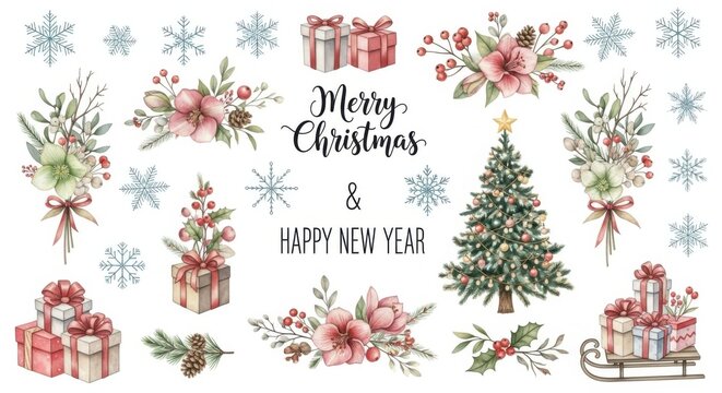 Watercolor christmas and new year illustration with gift boxes, tree, and flowers