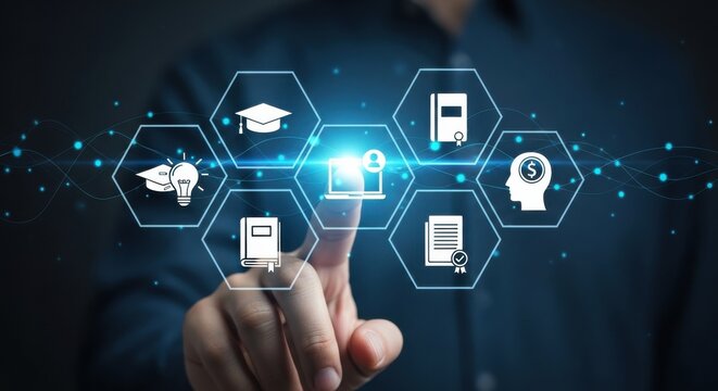 Person touching digital icons representing education, knowledge, and technology in a modern context