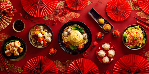 A beautiful festive background with Chinese cuisine dishes for the Chinese New Year celebration