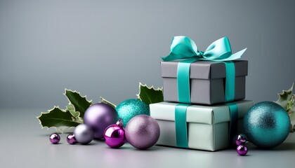 Gray and turquoise gift boxes on gray background with copy space with lilac and silver glass balls and holly branches. Christmas concept