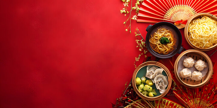 A beautiful festive background with Chinese cuisine dishes for the Chinese New Year celebration