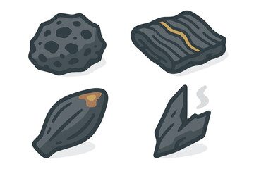 Four dark mineral or charcoal icons for game assets