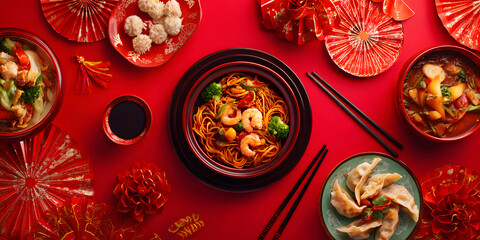A beautiful festive background with Chinese cuisine dishes for the Chinese New Year celebration