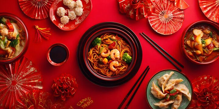 A beautiful festive background with Chinese cuisine dishes for the Chinese New Year celebration