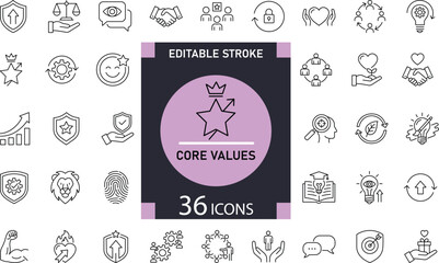 Minimal Core Values 36 line icons for integrity, teamwork, innovation, and leadership