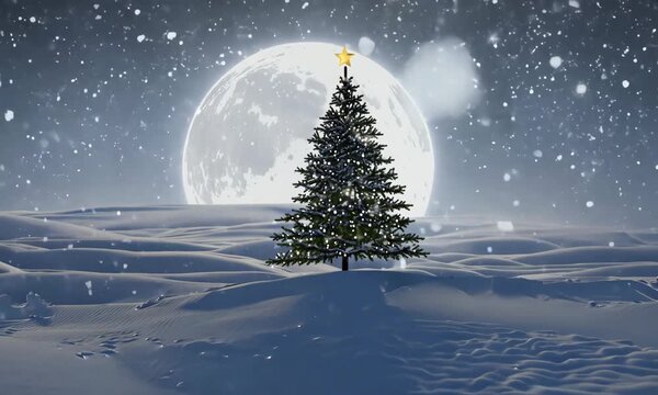 This enchanting video captures a beautiful Christmas tree adorned with twinkling lights, standing majestically in a snowy landscape under a glowing full moon. The serene atmosphere is perfect for cele
