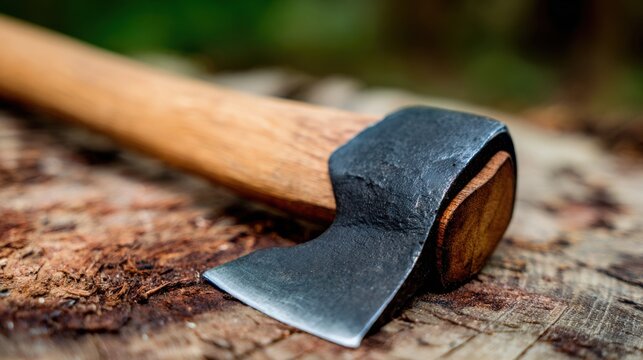 Crafting tools on a wooden surface highlighting a traditional axe ready for use in outdoor settings