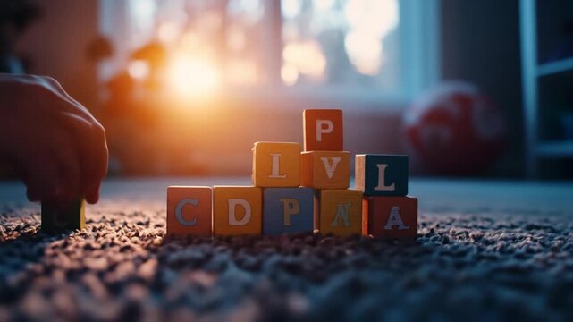 Colorful wooden alphabet blocks stacked on a textured carpet with bright natural sunlight