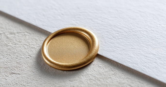Close-up of a white textured envelope sealed with a smooth golden wax seal on a neutral surface